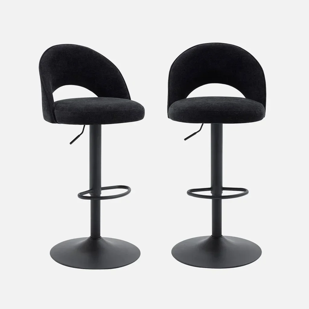 Lot de 2 tabourets de bar réglables en hauteur avec assise en tissu et pied noir mat