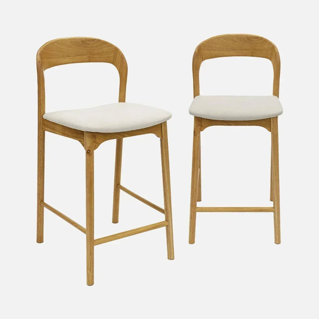 Tabourets bar rétro hévéa textile beige 67cm lot 2