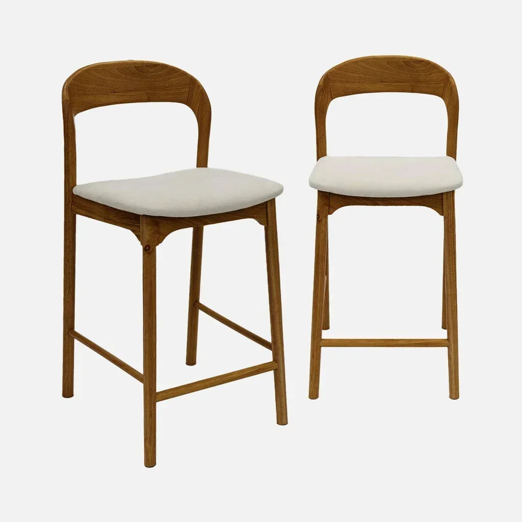 Lot de 2 tabourets de bar rétro en hévéa et textile beige 67,5 cm Athena