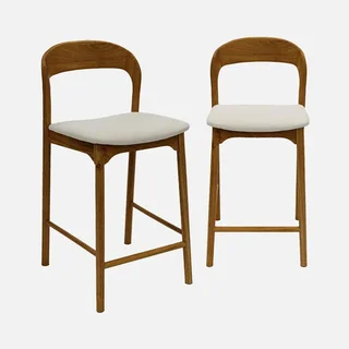 Lot de 2 tabourets de bar rétro en hévéa et textile beige 67,5 cm Athena