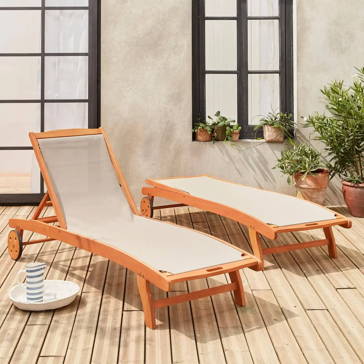 2 transats eucalyptus multi-positions roulettes Marbella jardin