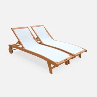 Lot de 2 transats eucalyptus multi-positions à roulettes Marbella