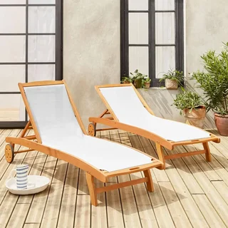 Lot de 2 transats eucalyptus multi-positions à roulettes Marbella