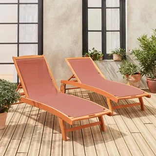 2 transats eucalyptus multi-positions à roulettes Marbella pour jardin et terrasse