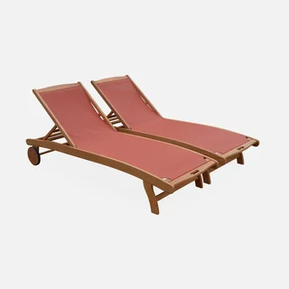 2 transats eucalyptus multi-positions à roulettes Marbella pour jardin et terrasse