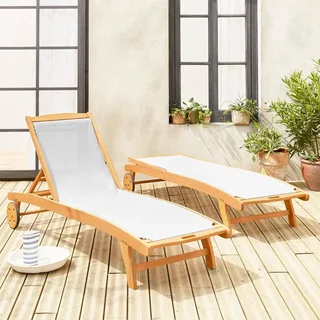 Lot de 2 transats eucalyptus multi-positions à roulettes Marbella