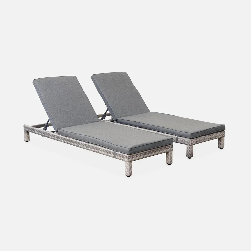 Lot de 2 transats en résine tressée inclinables avec coussins épais pour terrasse et piscine