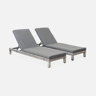 Lot de 2 transats en résine tressée inclinables avec coussins épais pour terrasse et piscine