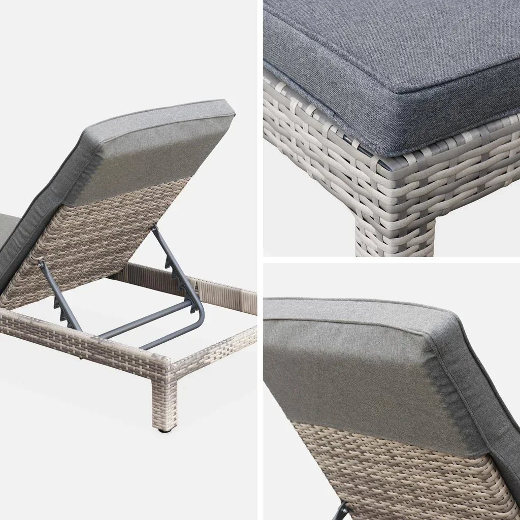 Lot de 2 transats en résine tressée inclinables avec coussins épais pour terrasse et piscine