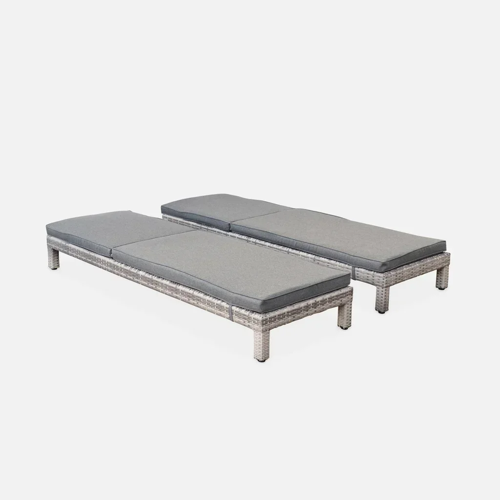 Lot de 2 transats en résine tressée inclinables avec coussins épais pour terrasse et piscine