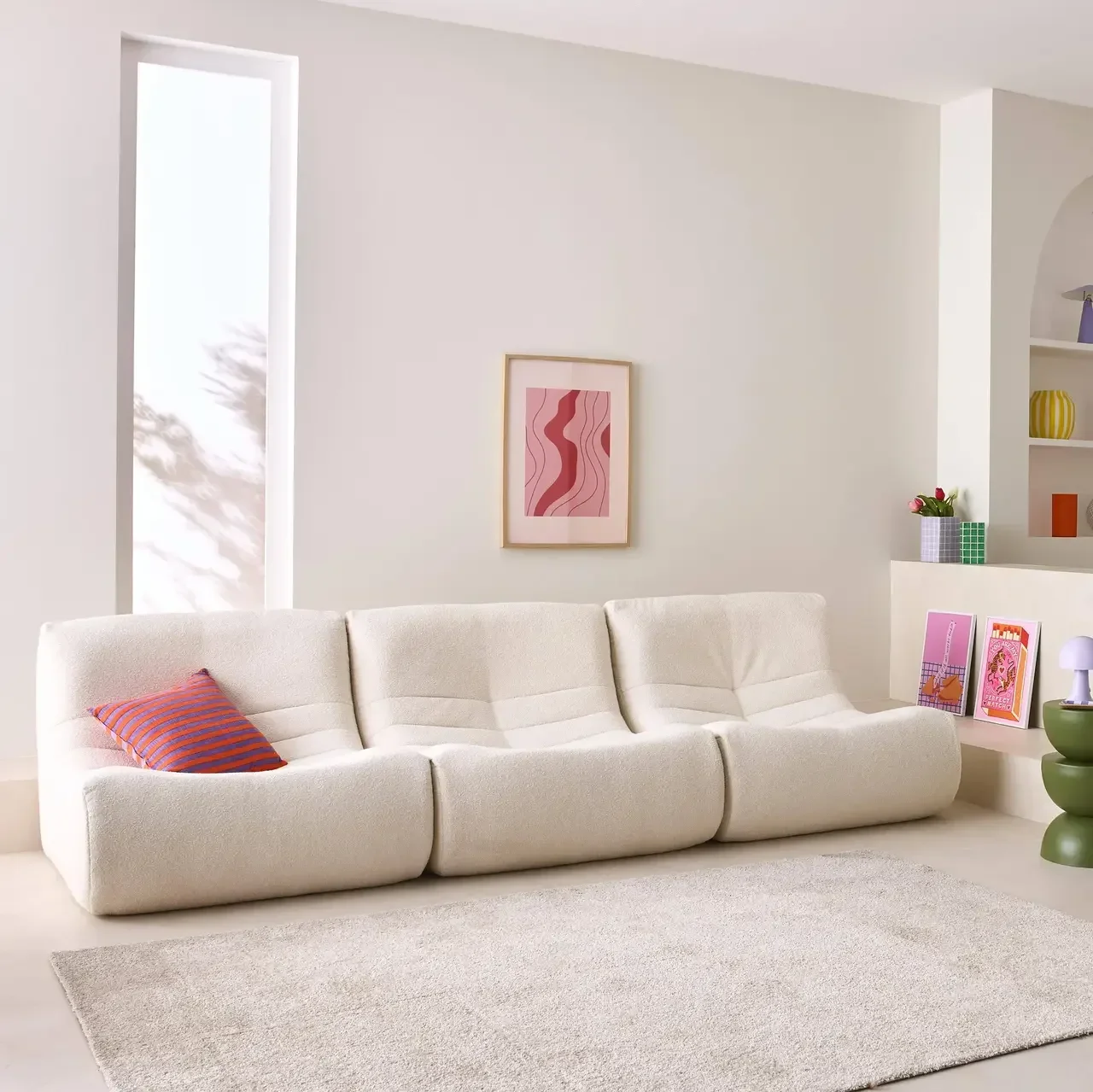 Set de 3 butacas modulares de bouclé texturizado para salón acogedor