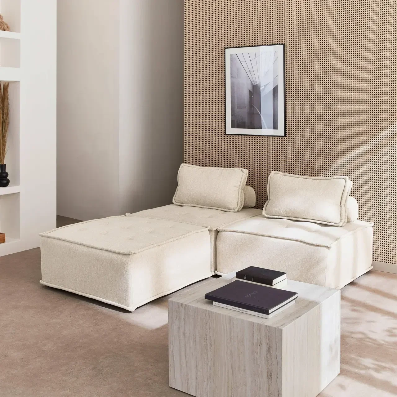 Set di 3 poltrone modulari in tessuto capitonné beige per soggiorno