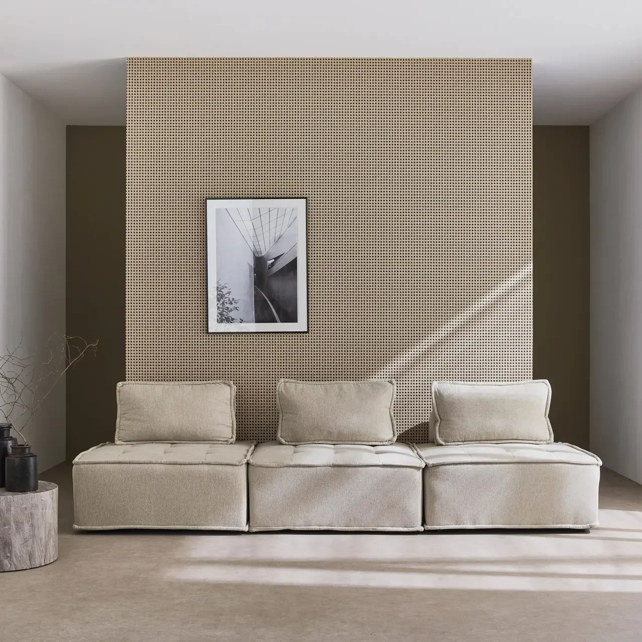 Lot 3 chauffeuses modulables tissu capitonné beige Dao