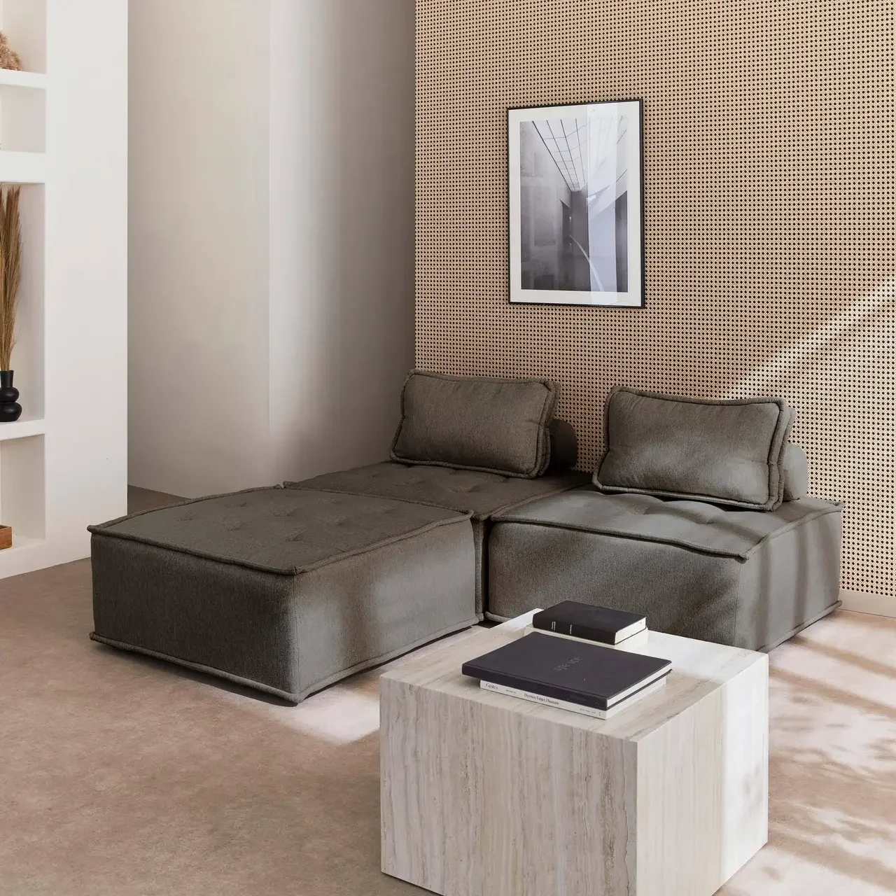 Lotto 3 poltrone modulari in tessuto trapuntato beige Dao