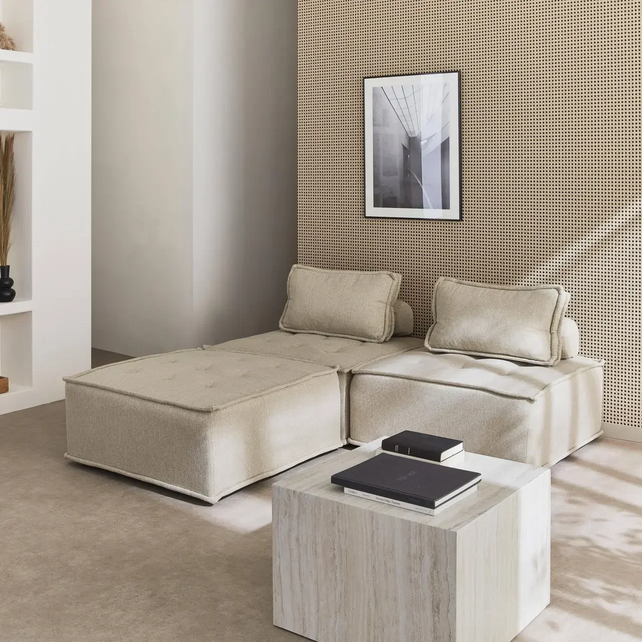 Lotto 3 poltrone modulari in tessuto trapuntato beige Dao