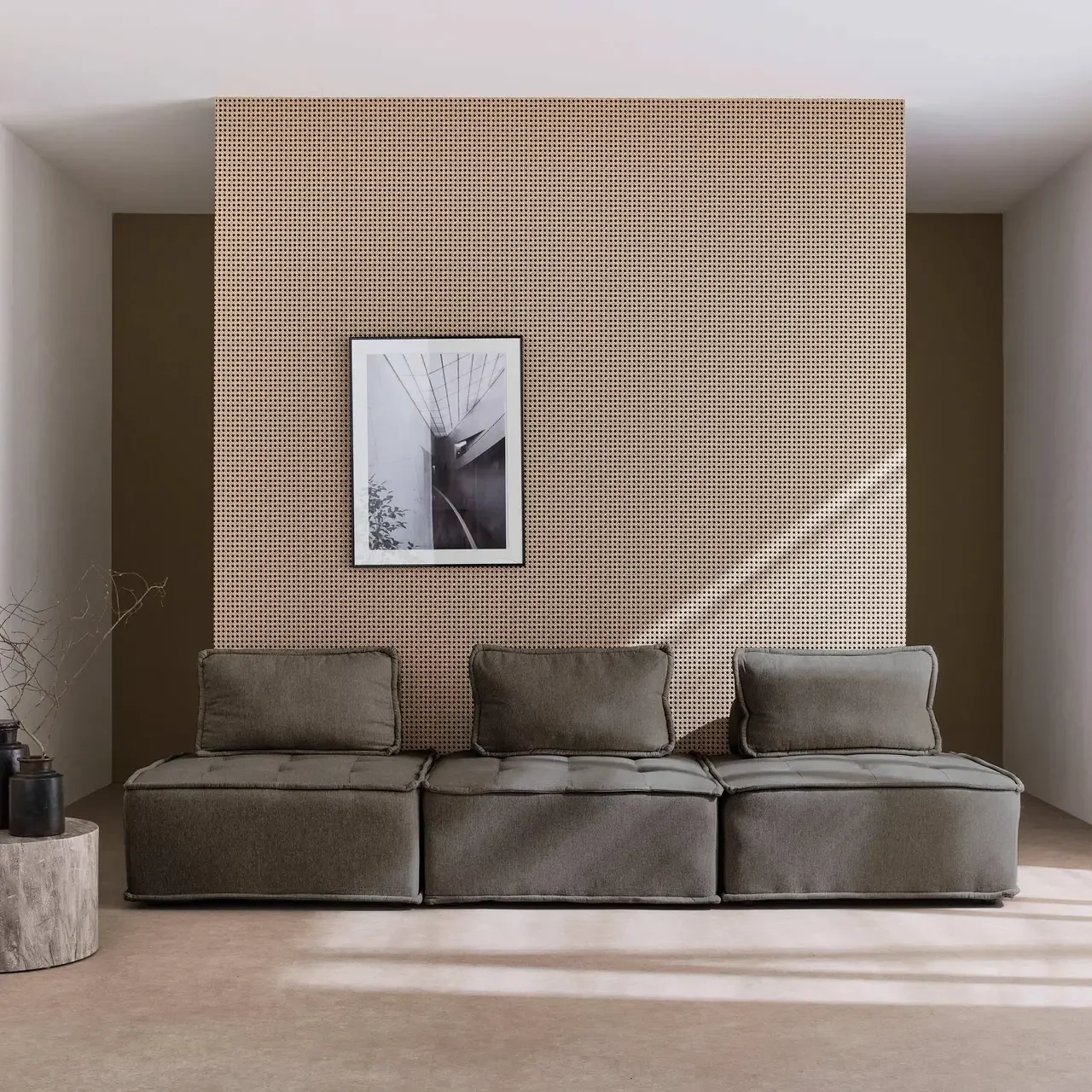 Lotto 3 poltrone modulari in tessuto trapuntato beige Dao