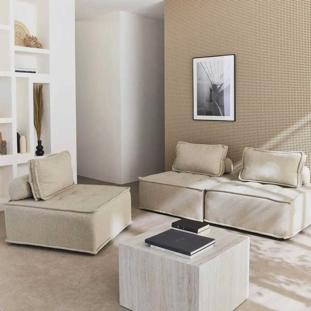 Lot 3 chauffeuses modulables tissu capitonné beige Dao
