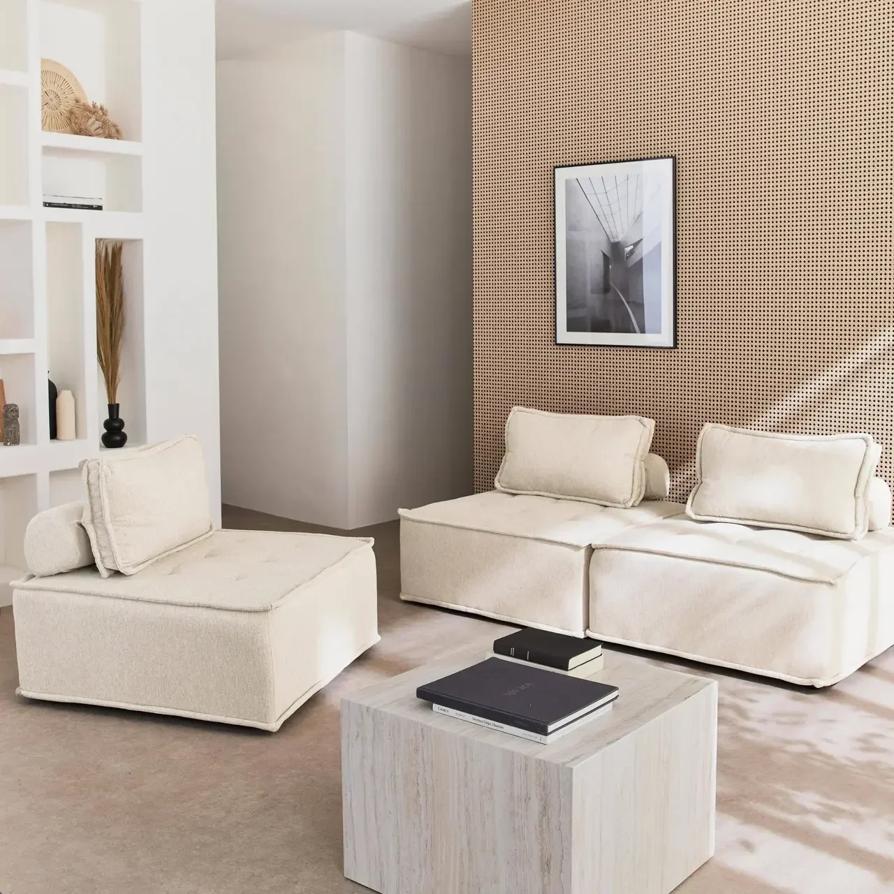 Set di 3 poltrone modulari in tessuto capitonné beige per soggiorno