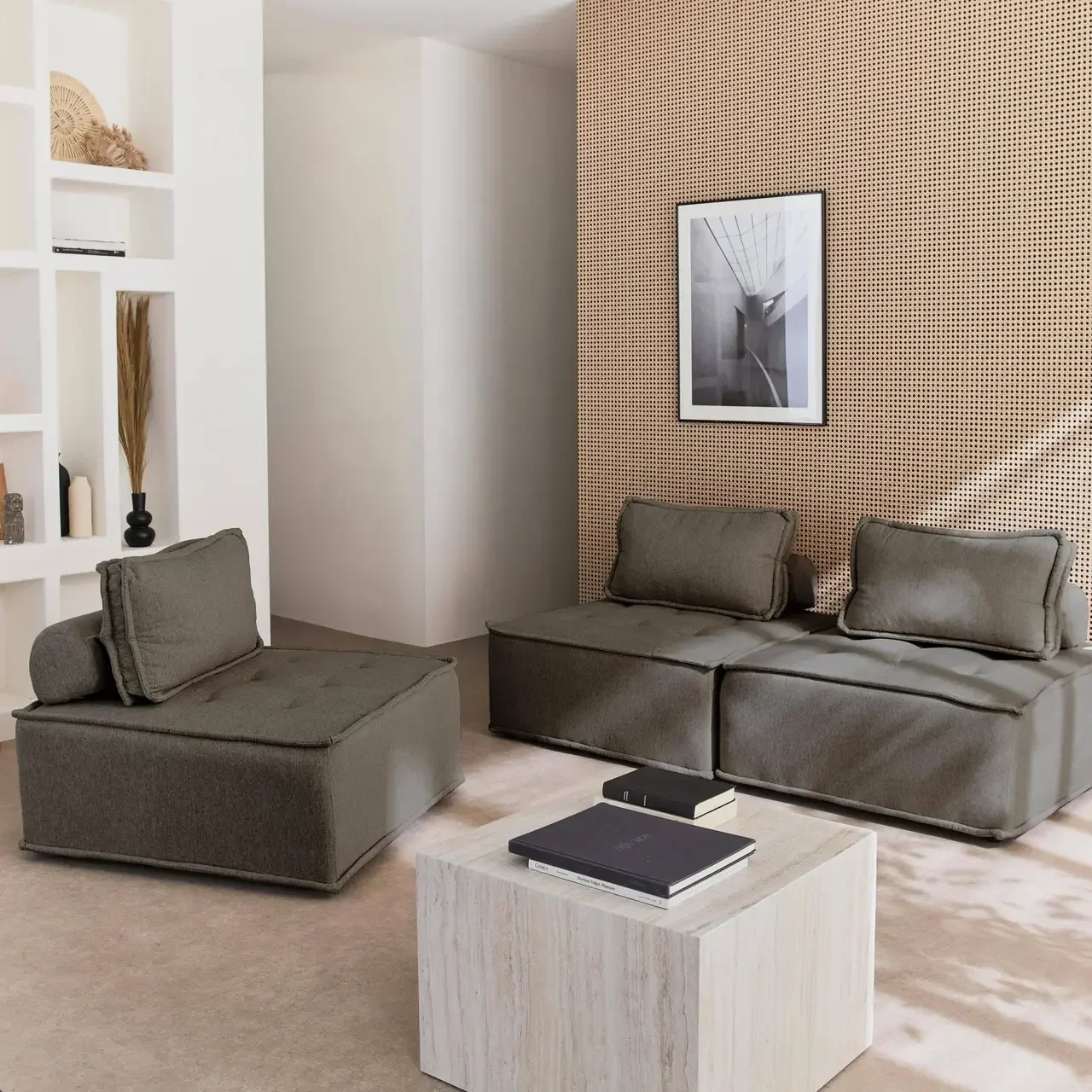 Lotto 3 poltrone modulari in tessuto trapuntato beige Dao