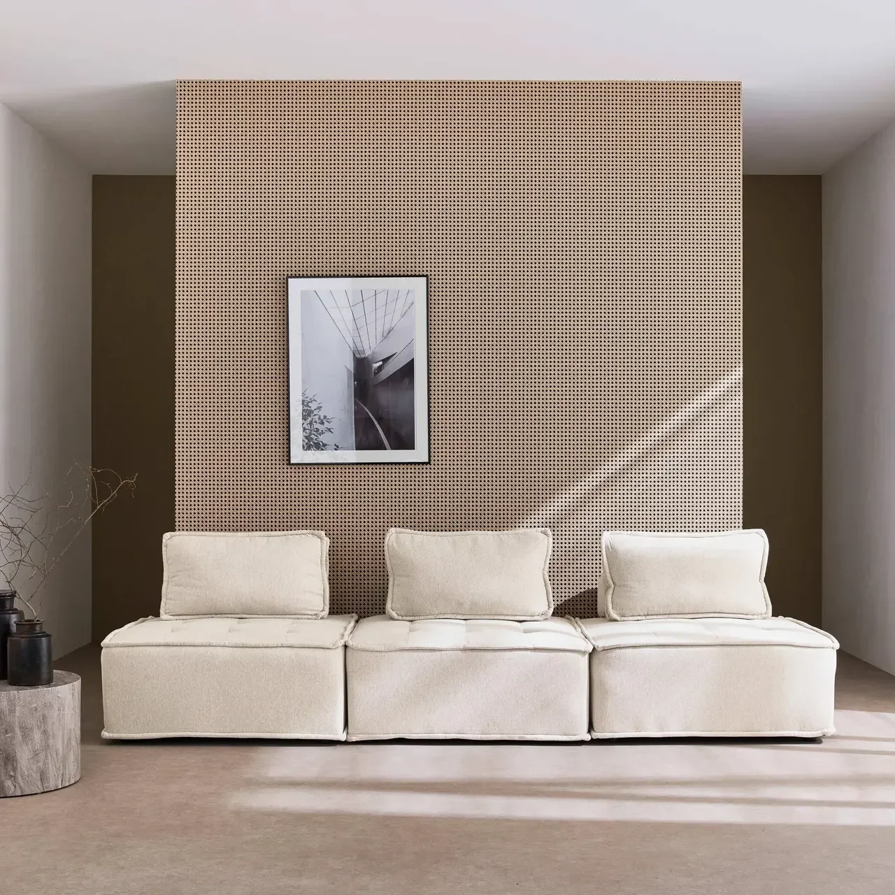 Set di 3 poltrone modulari in tessuto capitonné beige per soggiorno