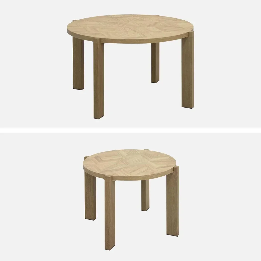 Lot 3 tables basses rondes gigognes rétro chevron bois métal