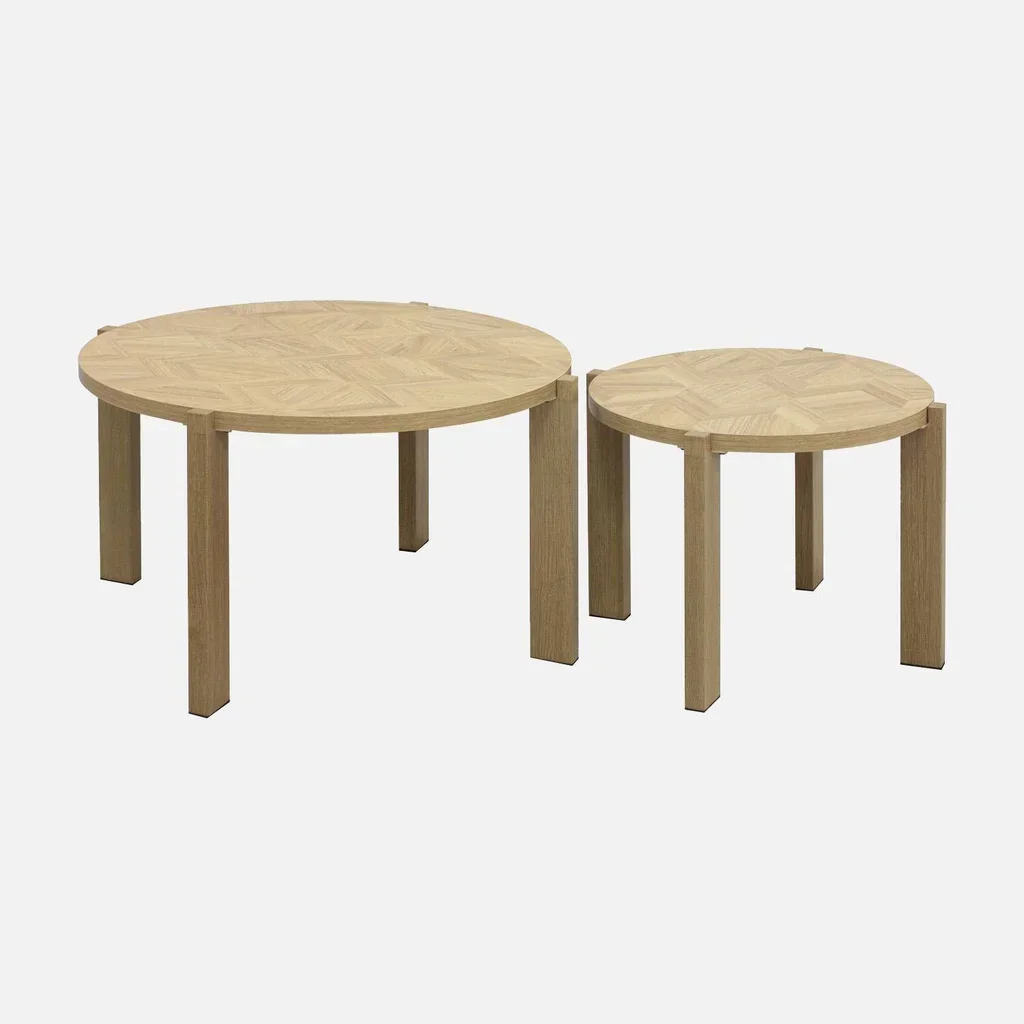 Lot 3 tables basses rondes gigognes rétro chevron bois métal