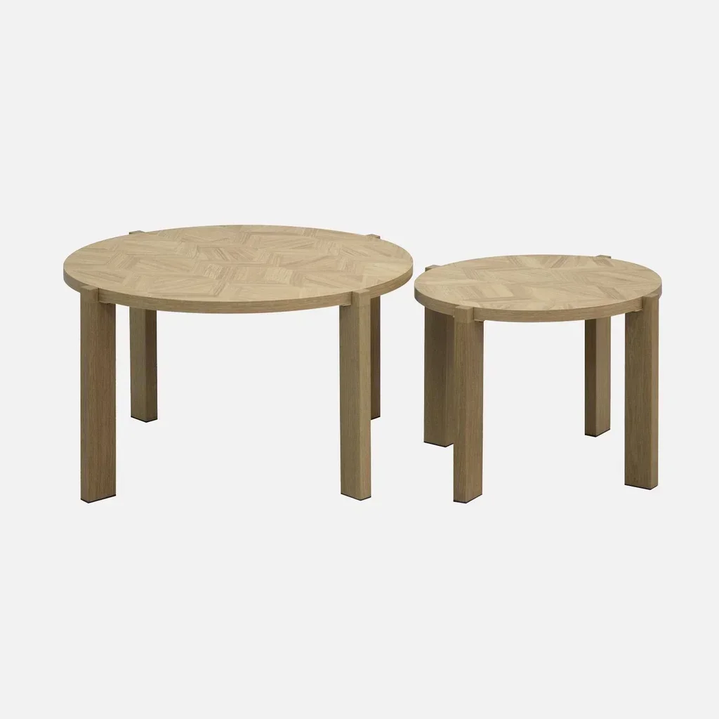 Lot 3 tables basses rondes gigognes rétro chevron bois métal