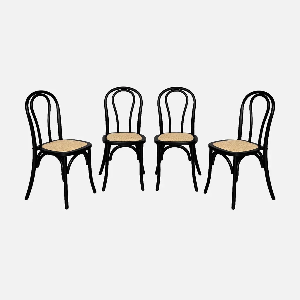 Lot de 4 chaises vintage en bois et cannage naturel style bistrot parisien