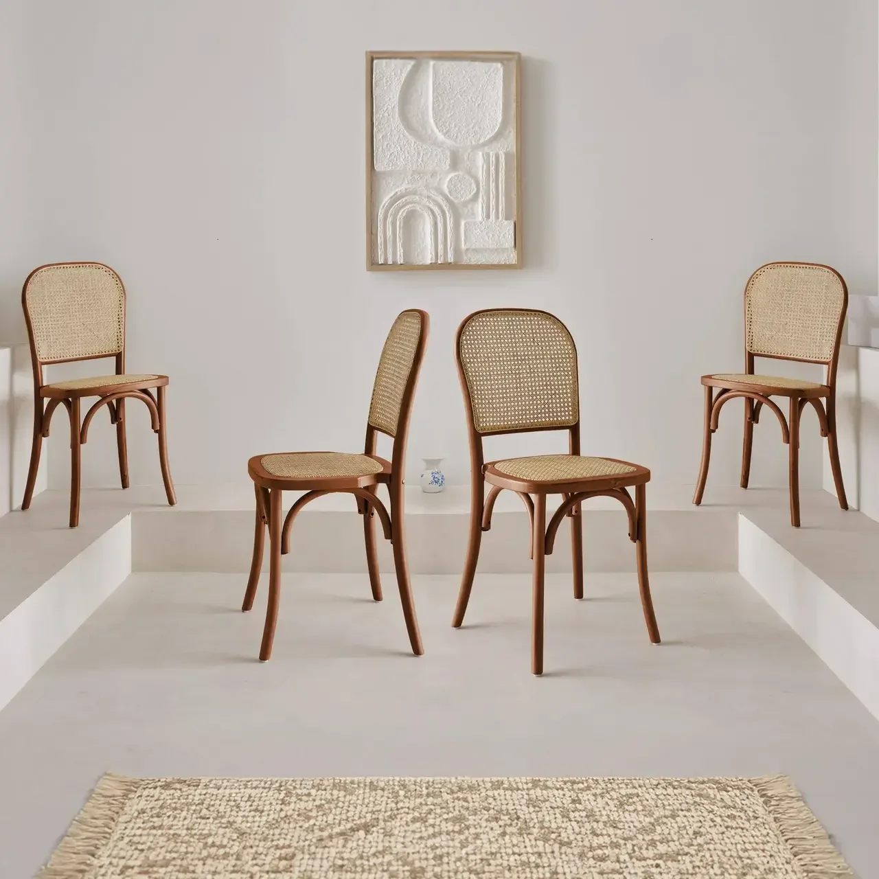 Lot 4 chaises vintage bois cannage naturel Montparnasse