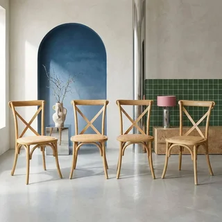 Lot 4 chaises bistrot vintage bois Belleville rotin empilables