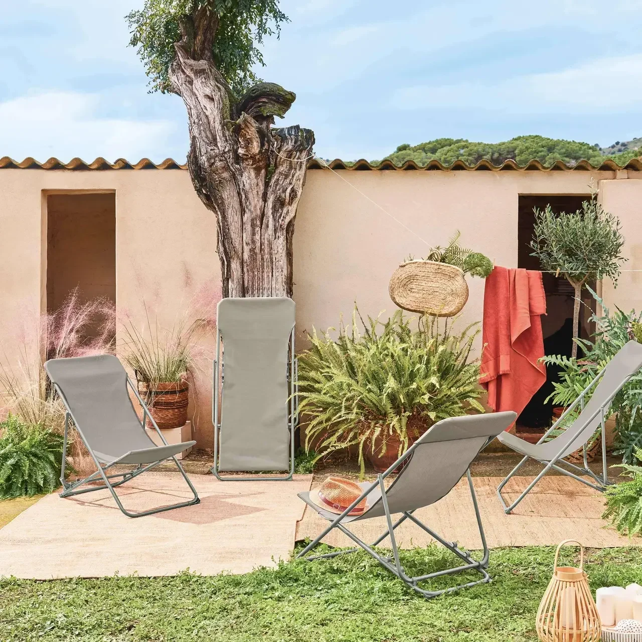 Chaises chiliennes pliantes acier textilène jardin confort lot 4
