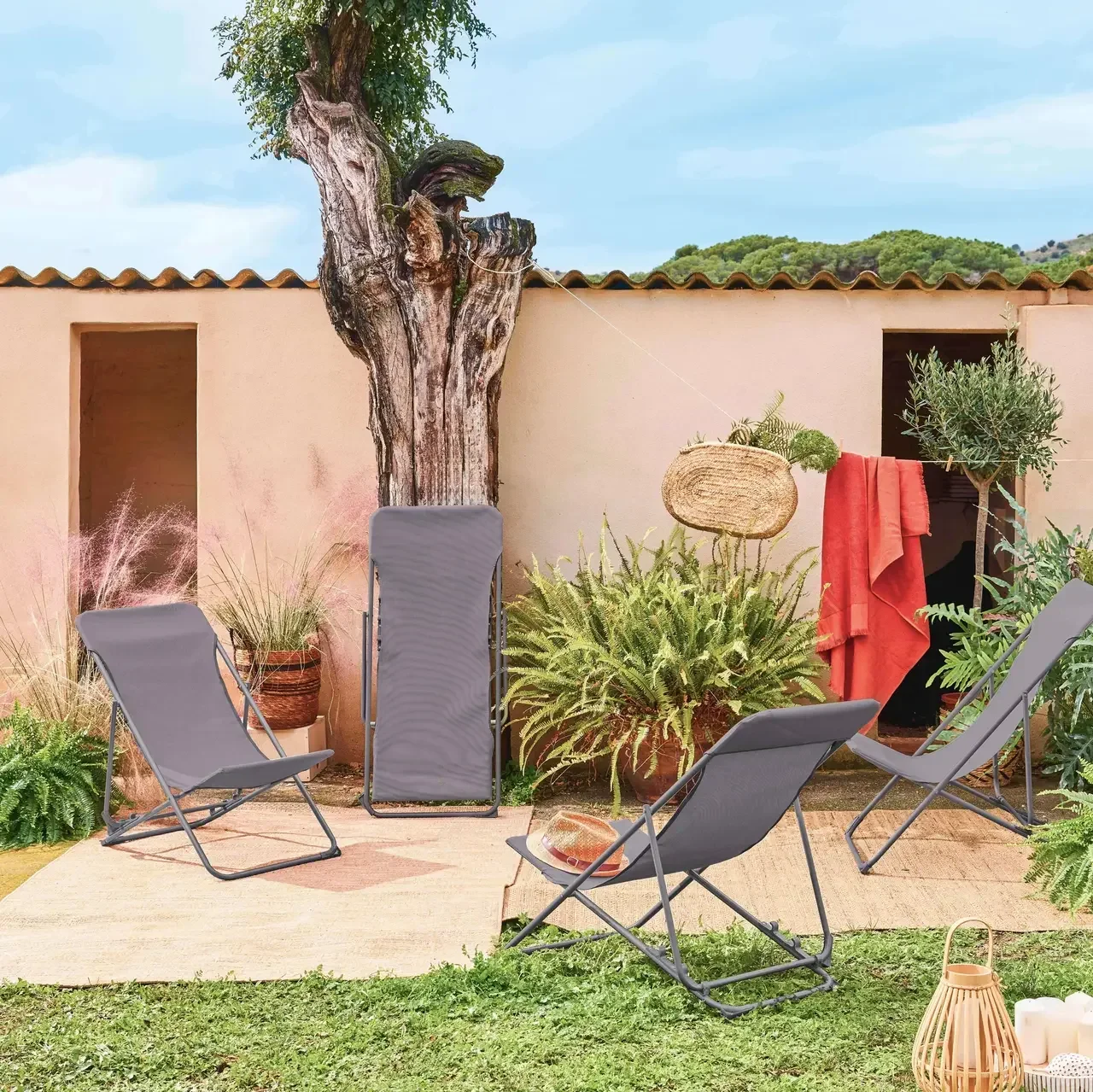 Lot 4 chaises chiliennes pliantes acier textilène jardin Livorno
