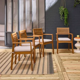 4 Gartensessel aus Massivakazie mit 7cm Kissen Terrasse Balkon