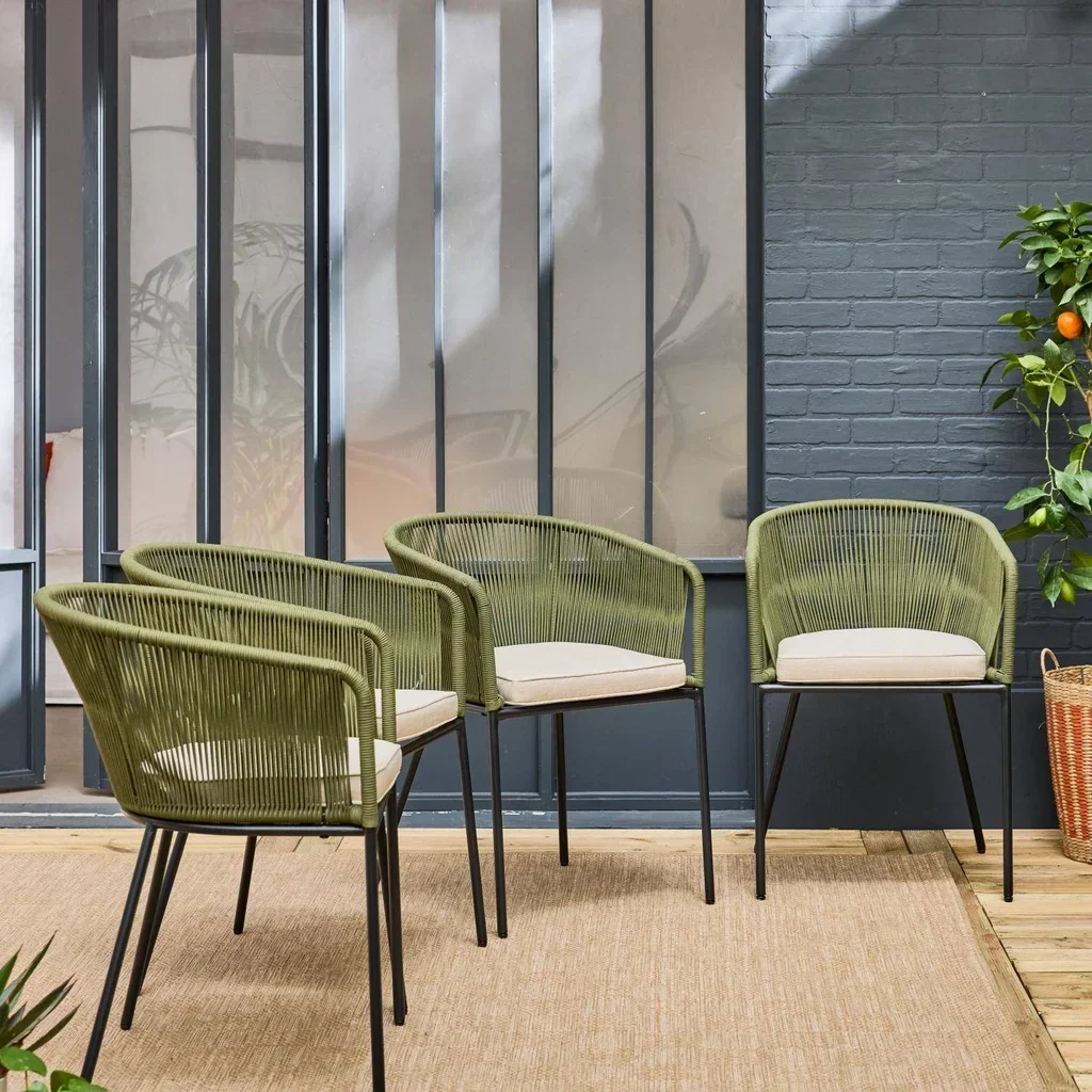 Lot 4 fauteuils jardin acier galvanisé cordes design moderne extérieur