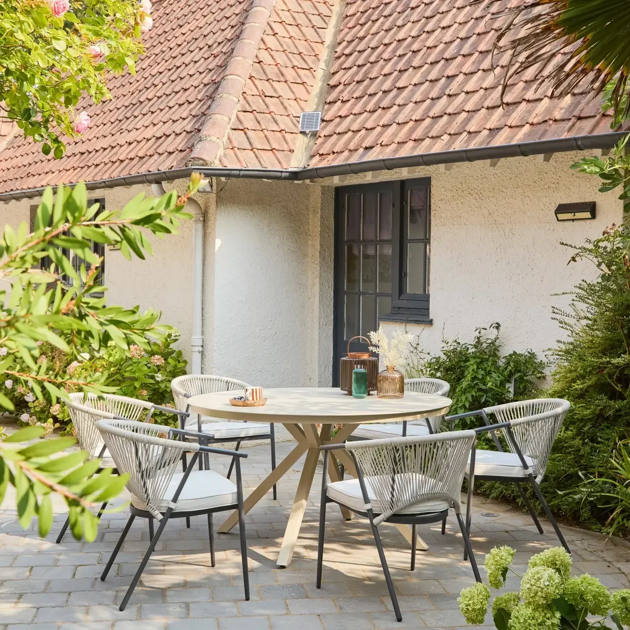 Lot 4 fauteuils jardin empilables acier cordes Liora confort extérieur