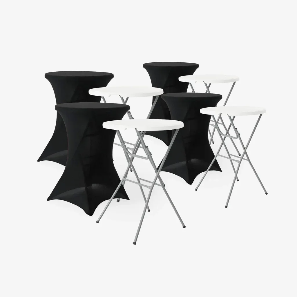 Lot de 4 tables hautes pliantes acier avec housses blanches pour réception