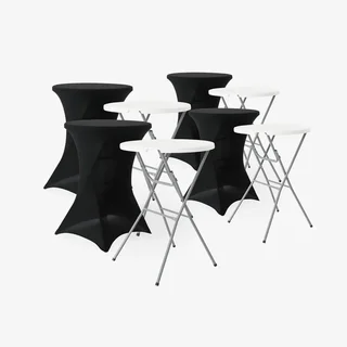 Lot de 4 tables hautes pliantes acier avec housses blanches pour réception