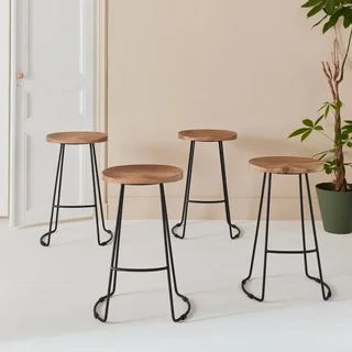 Lot 4 tabourets bar 65 cm bois manguier métal noir repose-pieds style industriel