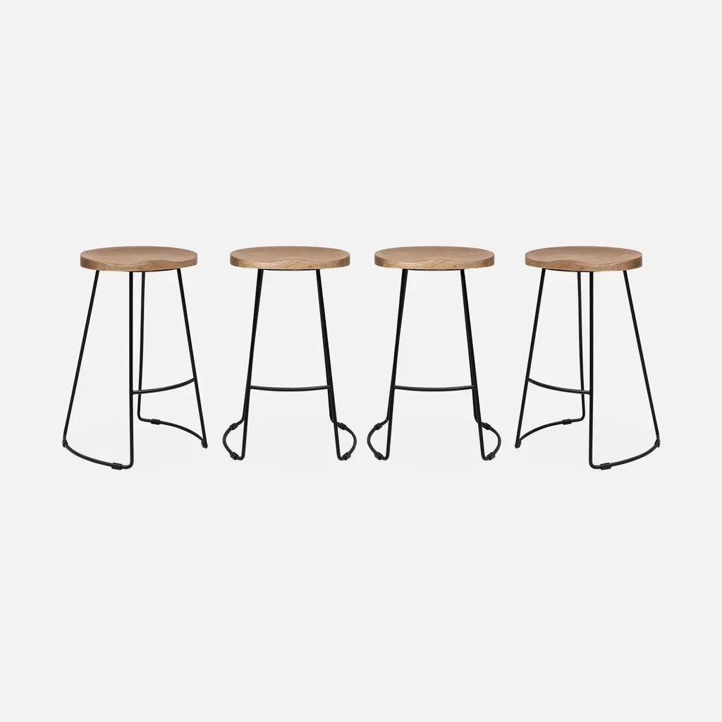 Lot 4 tabourets bar 65 cm bois manguier métal noir repose-pieds style industriel