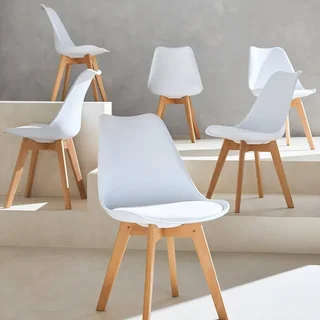 Lot 6 chaises scandinaves hêtre massif coussinées - Collection Nils
