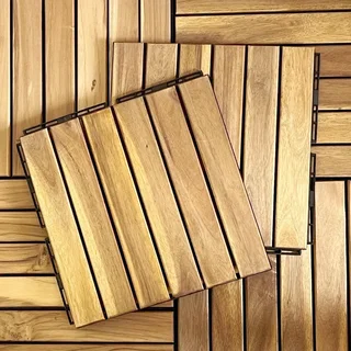 Conjunto 9 lajes deck madeira acácia 30x30 cm ripas lineares piso exterior jardim varanda
