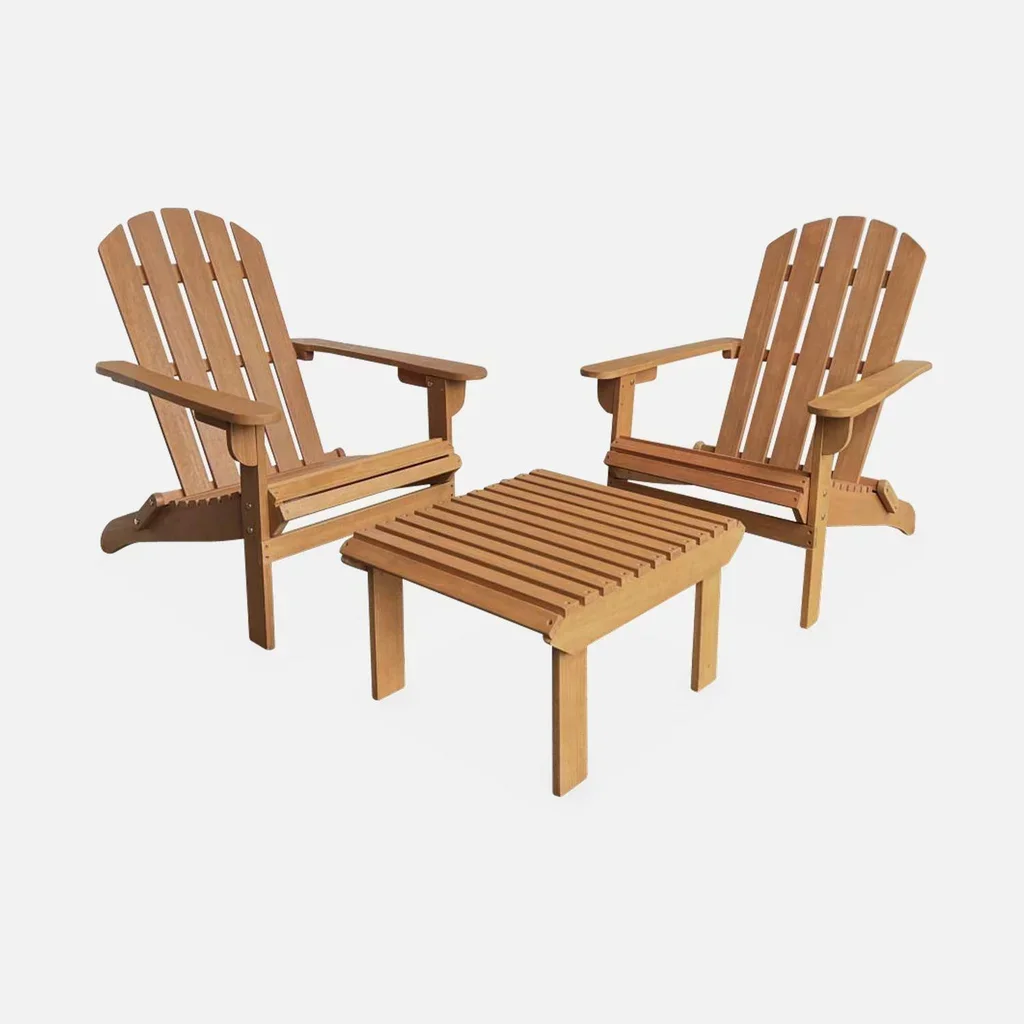 Lot 2 fauteuils jardin eucalyptus Adirondack repose-pieds intégré vintage terrasse