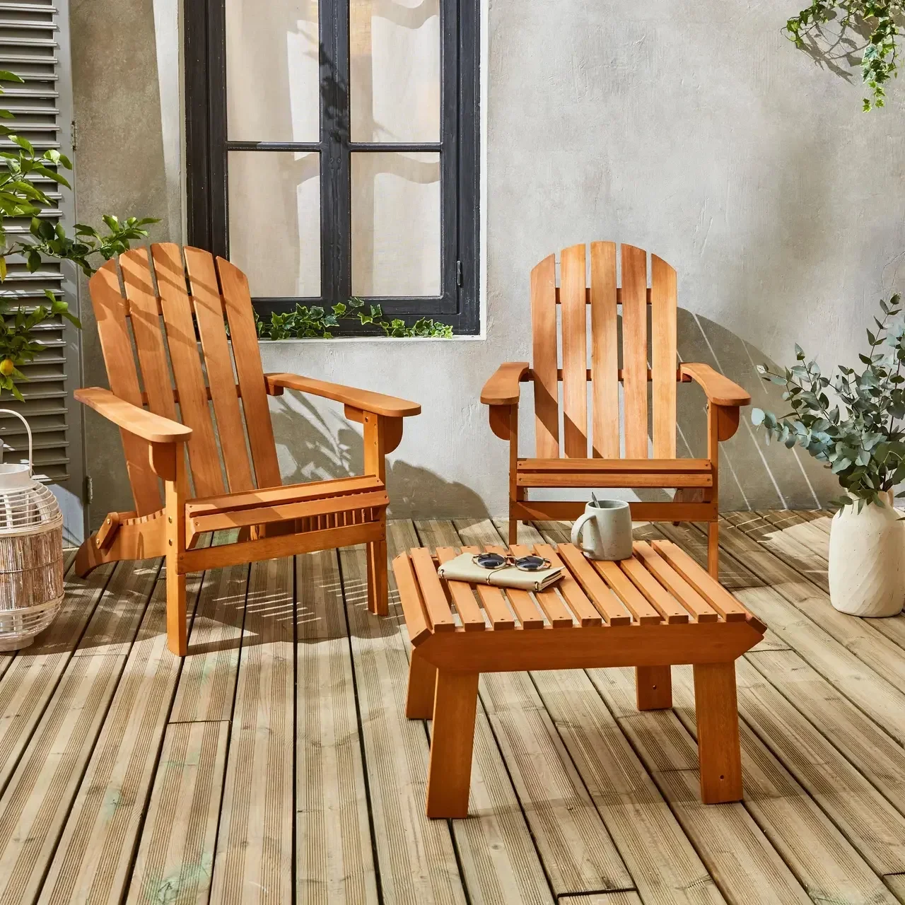 Lot 2 fauteuils jardin eucalyptus Adirondack repose-pieds intégré vintage terrasse