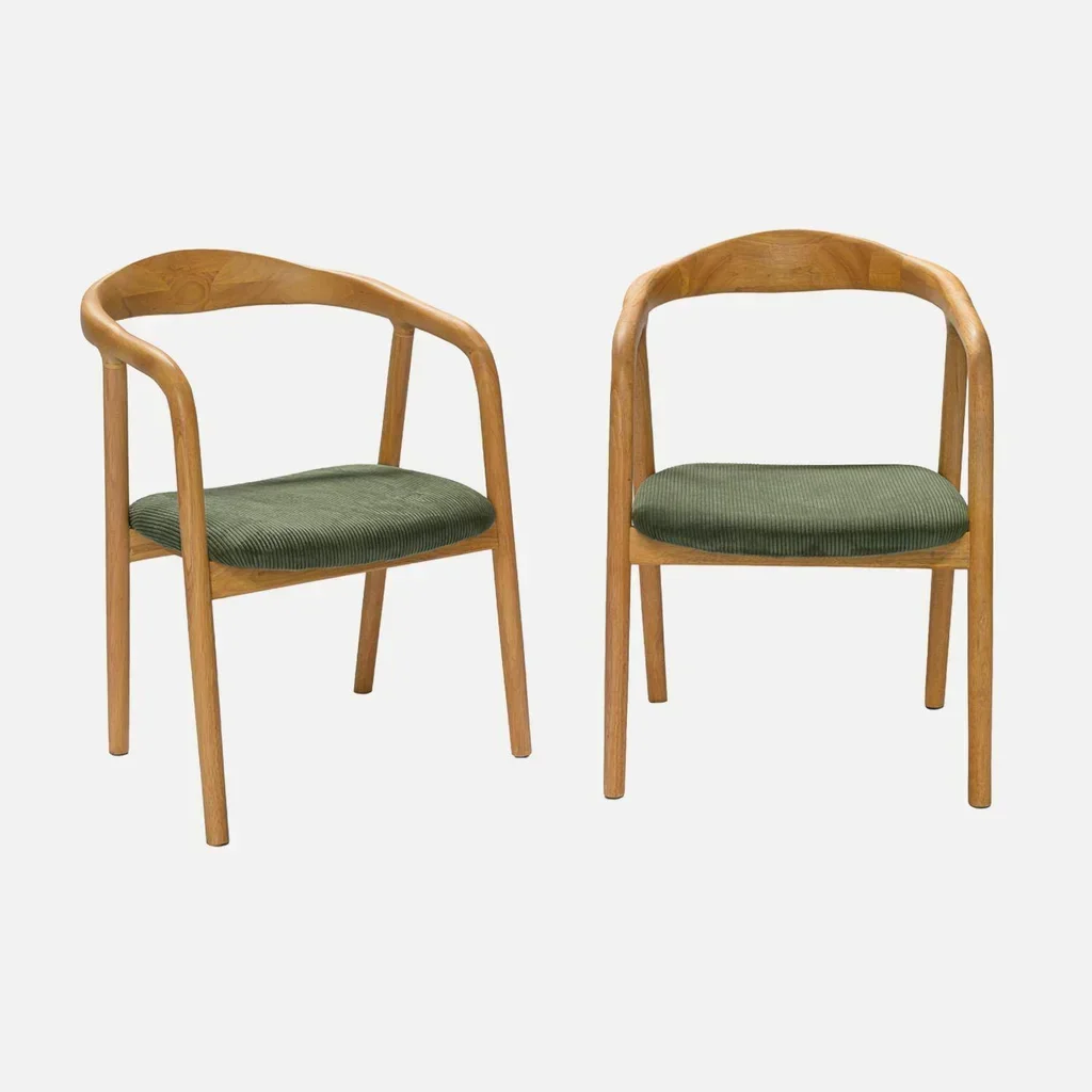 Lot de 2 fauteuils rétro bois hévéa velours côtelé Sara