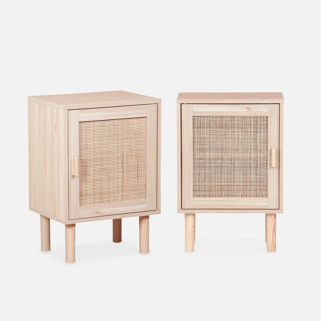 2 tables de nuit cannage rotin naturel avec rangement porte