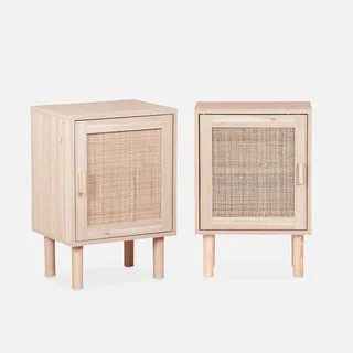 2 tables de nuit cannage rotin naturel avec rangement porte