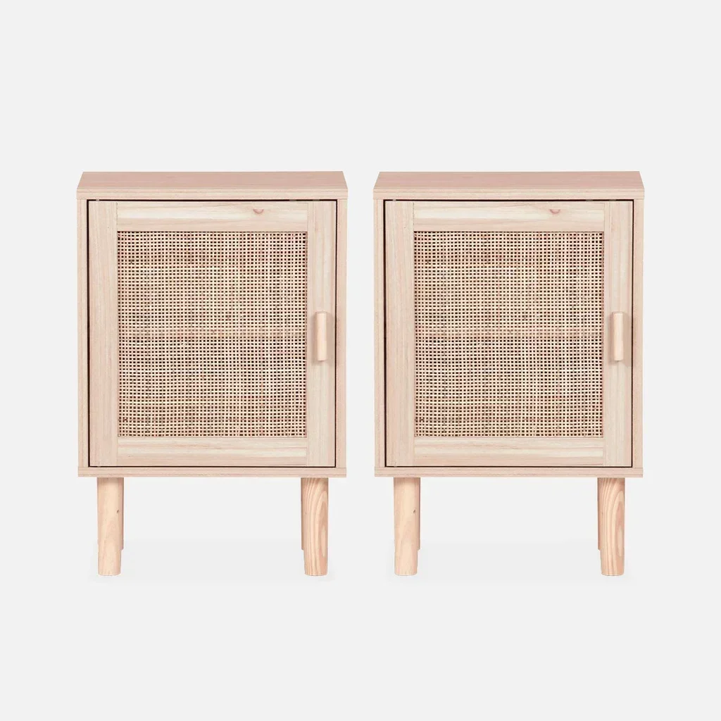2 tables de nuit cannage rotin naturel avec rangement porte