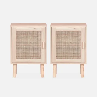 2 tables de nuit cannage rotin naturel avec rangement porte