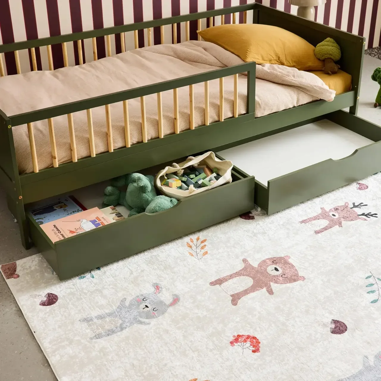 2 tiroirs rangement lit enfant pin massif vert Roya