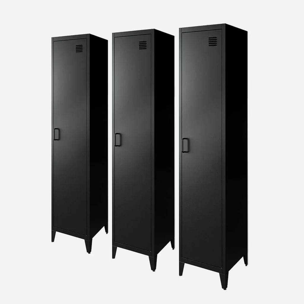 Lot 3 armoires industrielles métal noir 4 compartiments rangement chambre 38x38x180cm